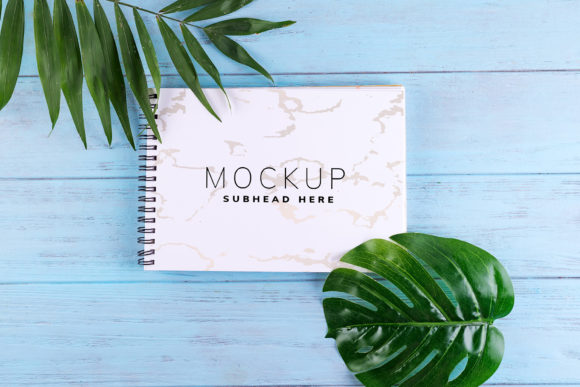 Palm Leaves & Paper Notebook Mockup